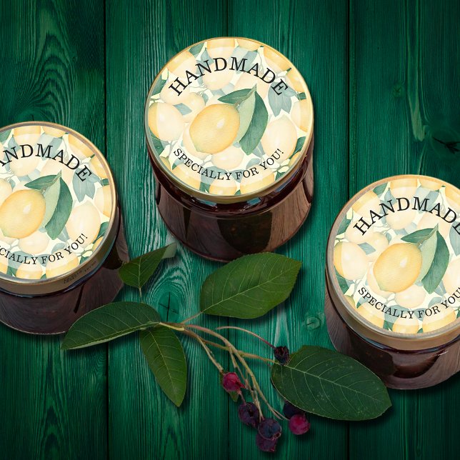 Adesivo Redondo Lemons Citrus HANDMADE para você (HANDMADE for You round stickers on a citrus lemon background)