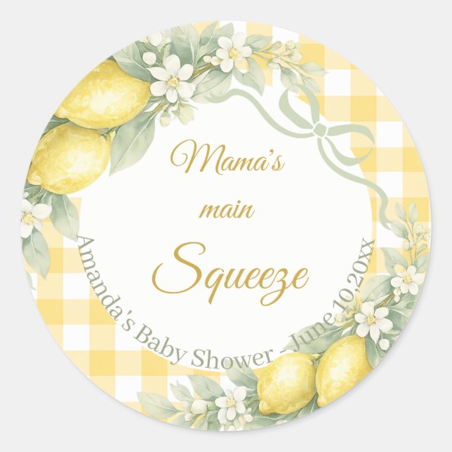 Adesivo Redondo Lemons gingham mama's main squeeze Baby Shower (Frente)