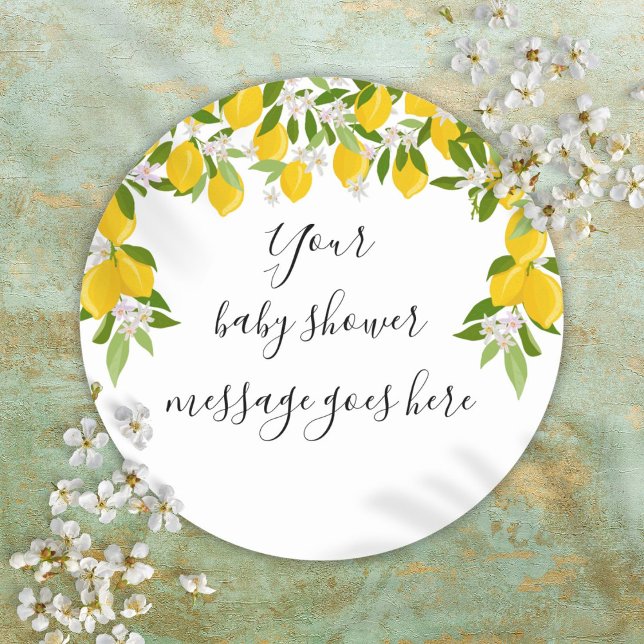 Adesivo Redondo Lemons Greenery Floral Chá de fraldas Favor (Lemons Greenery Floral Baby Shower Favor Classic Round Sticker)