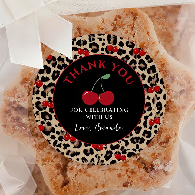 Adesivo Redondo Leopard Cheetah Cherry Birthday Sticker (Criador carregado)