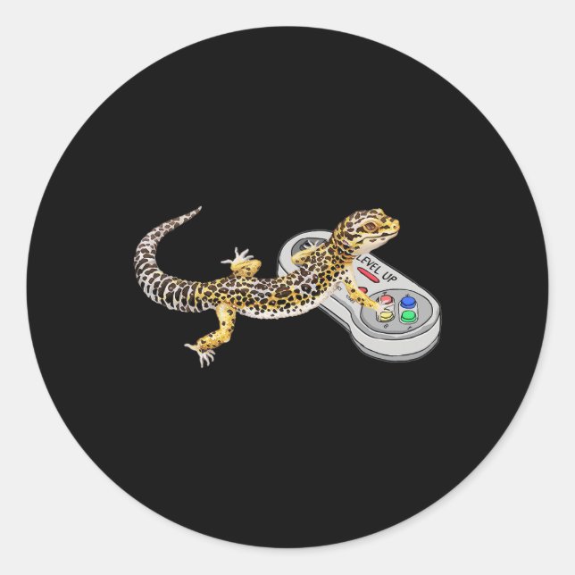 Adesivo Redondo Leopard Gecko Playing Video Game Lizard And Reptil (Frente)