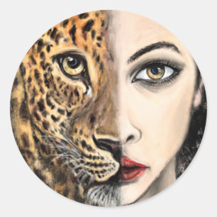 Adesivo Redondo Leopard Girl Face Fantasy Painting Art Wild Animal
