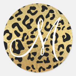 Adesivo Redondo Leopardo Preto e Textura de Folha de Ouro Falso Mo