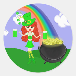 Adesivo Redondo Leprechaun da menina do Redhead do dia da