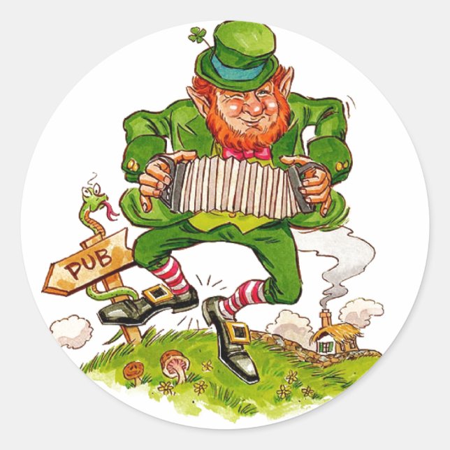 Adesivo Redondo Leprechaun em verde, feliz Dia de São Patrício (Frente)