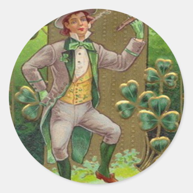Adesivo Redondo Leprechaun Shamrock Shillelagh Clay Pipe (Frente)