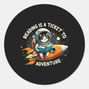 Adesivo Redondo Ler É Um Bilhete Para Aventurar Gato De Astronauta