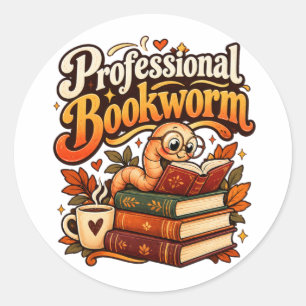 Adesivo Redondo Lerdo Profissional de Livros Fofa Minhoca Retro