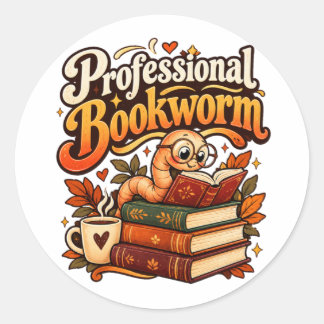 Adesivo Redondo Lerdo Profissional de Livros Fofa Minhoca Retro