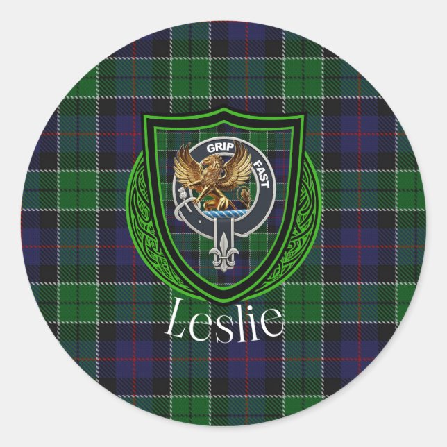 Adesivo Redondo Leslie Scottish Clan Tartan & Crest (Frente)