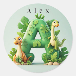 Adesivo Redondo 🦖 Letra A de Dinossauro Fofo Selva Aprendizado de