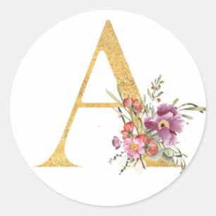 Adesivo Redondo Letra A dourada com flores