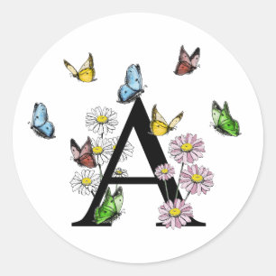 Adesivo Redondo Letra A Floral Borboleta Monograma Inicial