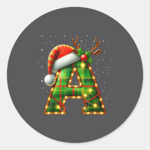 Adesivo Redondo Letra A Gorro de Natal Xadrez Monograma Inicial