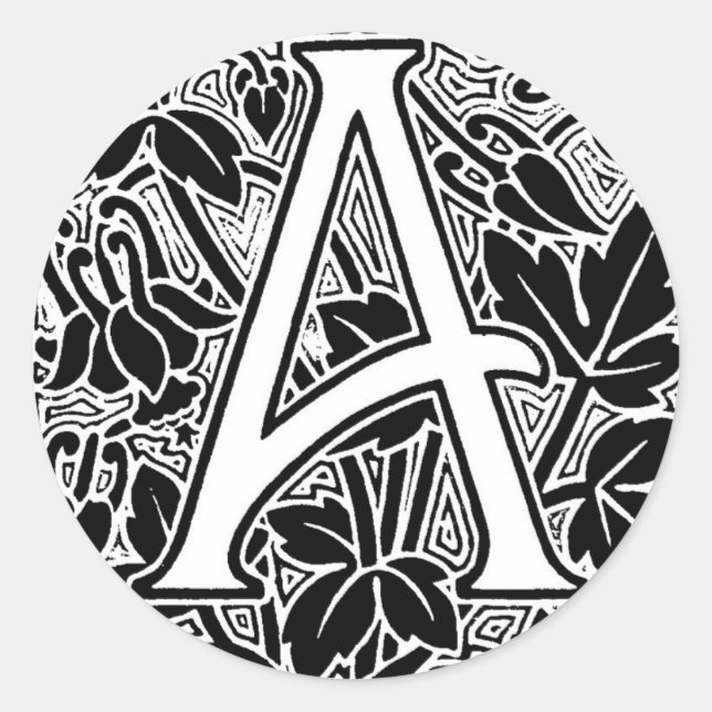 Adesivo Redondo Letra A Monograma Botânico Vintage Artes e Ofícios (Frente)