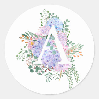 Adesivo Redondo Letra botânica A flores da hydrangea