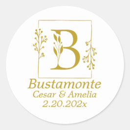Adesivo Redondo Letra Botânica Dourada Moderna B Casamento