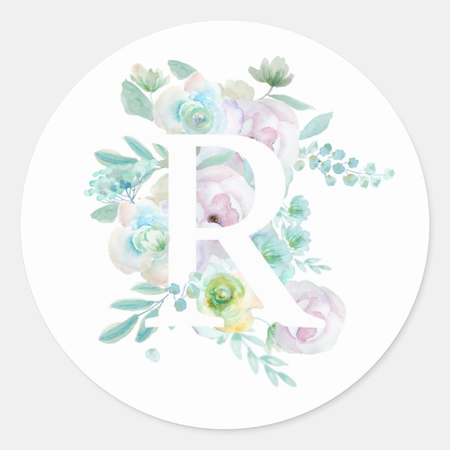 Adesivo Redondo Letra botânica R verde e flores roxas (Frente)