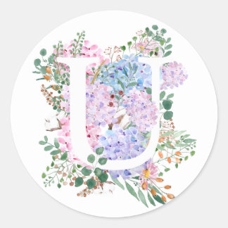 Adesivo Redondo Letra botânica u hydrangea