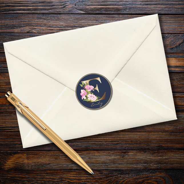 Adesivo Redondo Letra Dourada E Monograma Floral do Marinho Elegan (Criador carregado)