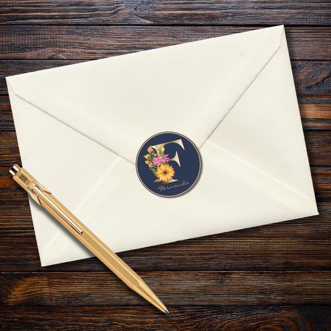 Adesivo Redondo Letra Dourada F Monograma Floral do Marinho Elegan (Criador carregado)