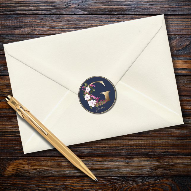 Adesivo Redondo Letra Dourada G Monograma Floral do Marinho Elegan (Criador carregado)