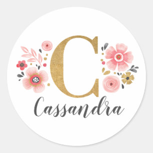 Adesivo Redondo Letra Elegante Dourada Floral Monograma Cor-de-Ros