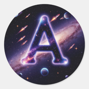 Adesivo Redondo 🚀 Letra Espacial A Planetas Estrelas Crianças Gal