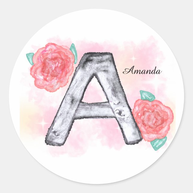 Adesivo Redondo Letra Floral A de Aquarela (Frente)