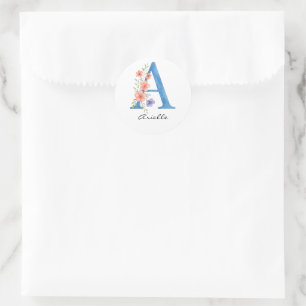 Adesivo Redondo Letra floral A personalizada com aquarela monogram