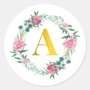 Adesivo Redondo Letra Floral inicial Wreath Monogramas A Stickers