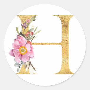 Adesivo Redondo Letra H em MONOGRAMA dourado com flores