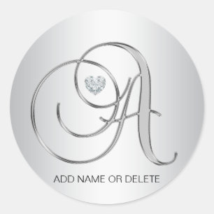 Adesivo Redondo Letra inicial Monogrammed de prata elegante feita