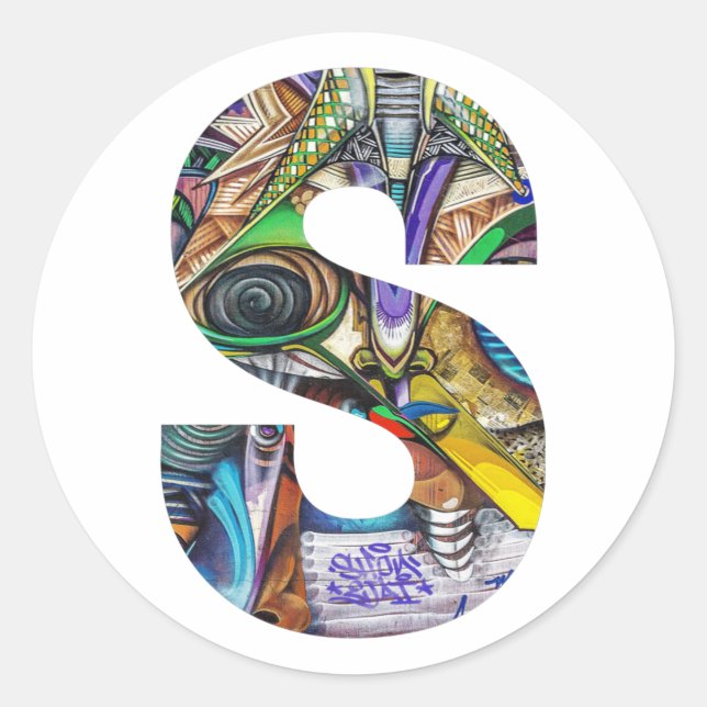 Adesivo Redondo Letra inicial S do Monograma do Grafite de Arte Mo (Frente)
