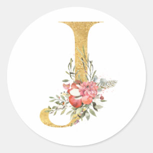 Adesivo Redondo Letra J em MONOGRAMA dourado com flores