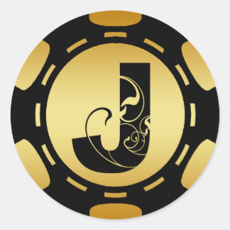 ADESIVO REDONDO LETRA J POKER CHIP NEGRA E DOURADA MONOGRAMA