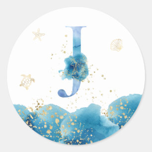 Adesivo Redondo *~* LETRA J - Sea Ocean Beach Envelope Sticker
