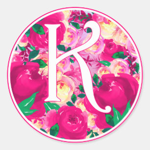Adesivo Redondo Letra K Cor d-d-d-água cor-de-rosa Círculo flora
