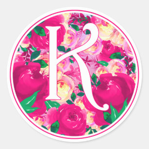 Adesivo Redondo Letra K Cor d-d-d-água cor-de-rosa Círculo floral 