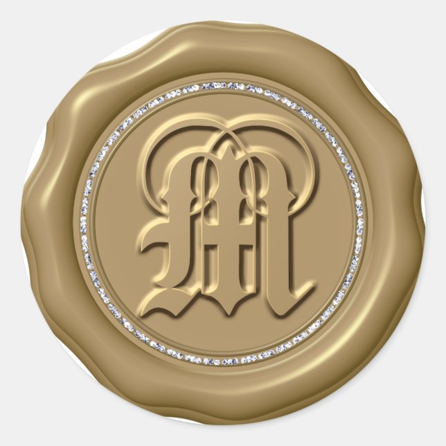 Adesivo Redondo *~* Letra M Diamond Círculo DOURADO Cera Selo (Frente)