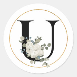 Adesivo Redondo Letra monograma floral branco elegante U em branco