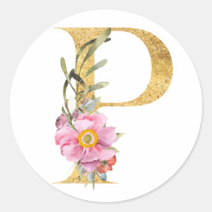Adesivo Redondo Letra P em MONOGRAMA dourado com flor