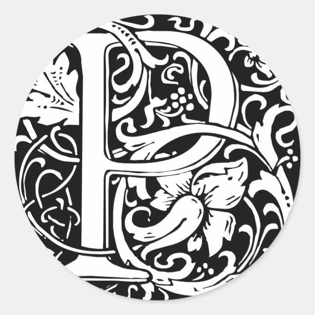 Adesivo Redondo Letra P Monograma Medieval Art Nouveau (Frente)