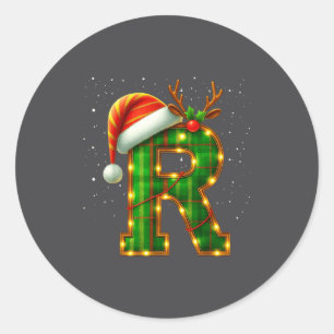 Adesivo Redondo Letra R Natal Xadrez Chapéu do Papai Noel Monogram