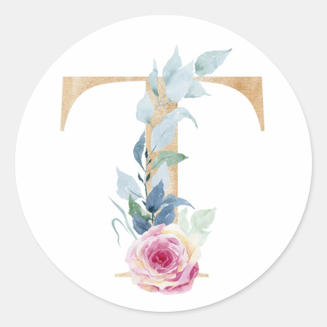 Adesivo Redondo Letra T aquarela com rosas (Frente)