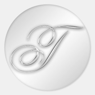 Adesivo Redondo Letra T script inicial Faux prateado monograma