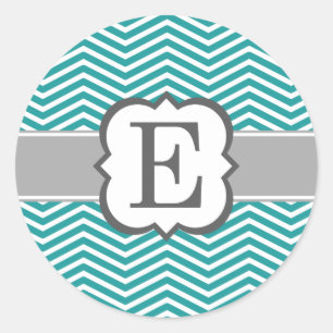 Adesivo Redondo Letra Teal Branco Monograma E Chevron