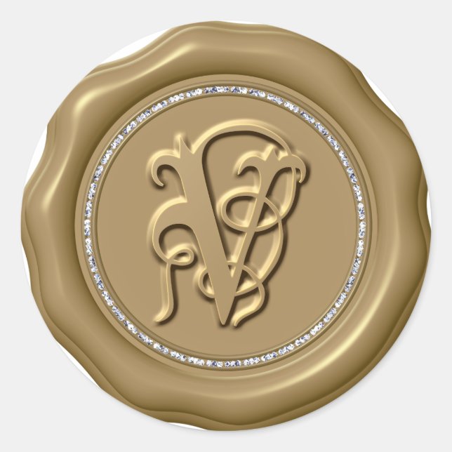 Adesivo Redondo *~* Letra V Diamond Circ DOURADO Cera Selo (Frente)
