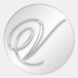 Adesivo Redondo Letra V: Faux inicial do monograma prateado