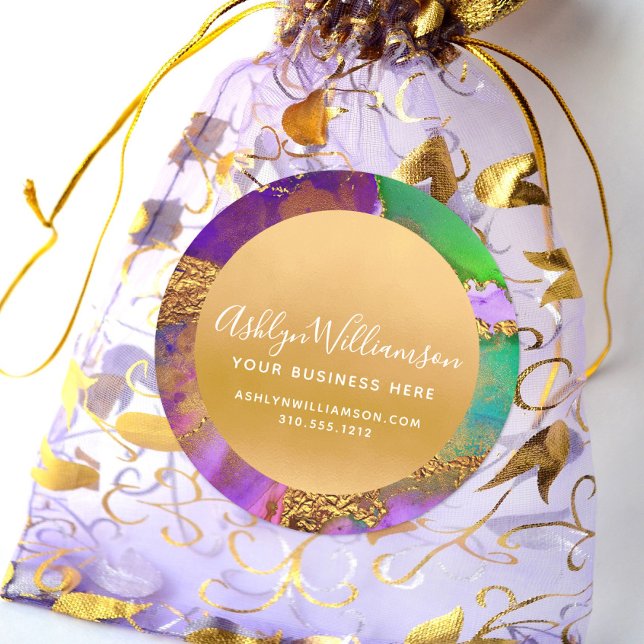 Adesivo Redondo Letra verde-ouro roxa de mármore moderna (Criador carregado)